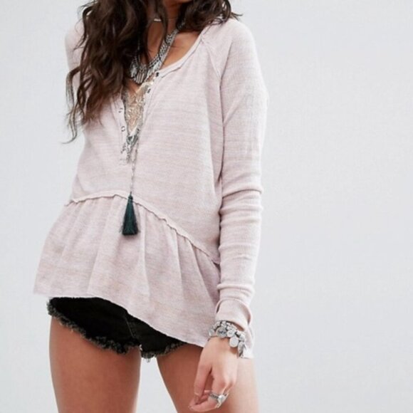 Free People We The Free Peplum Thermal Top Pink Lavender Long Sleeve Henley - Picture 1 of 14